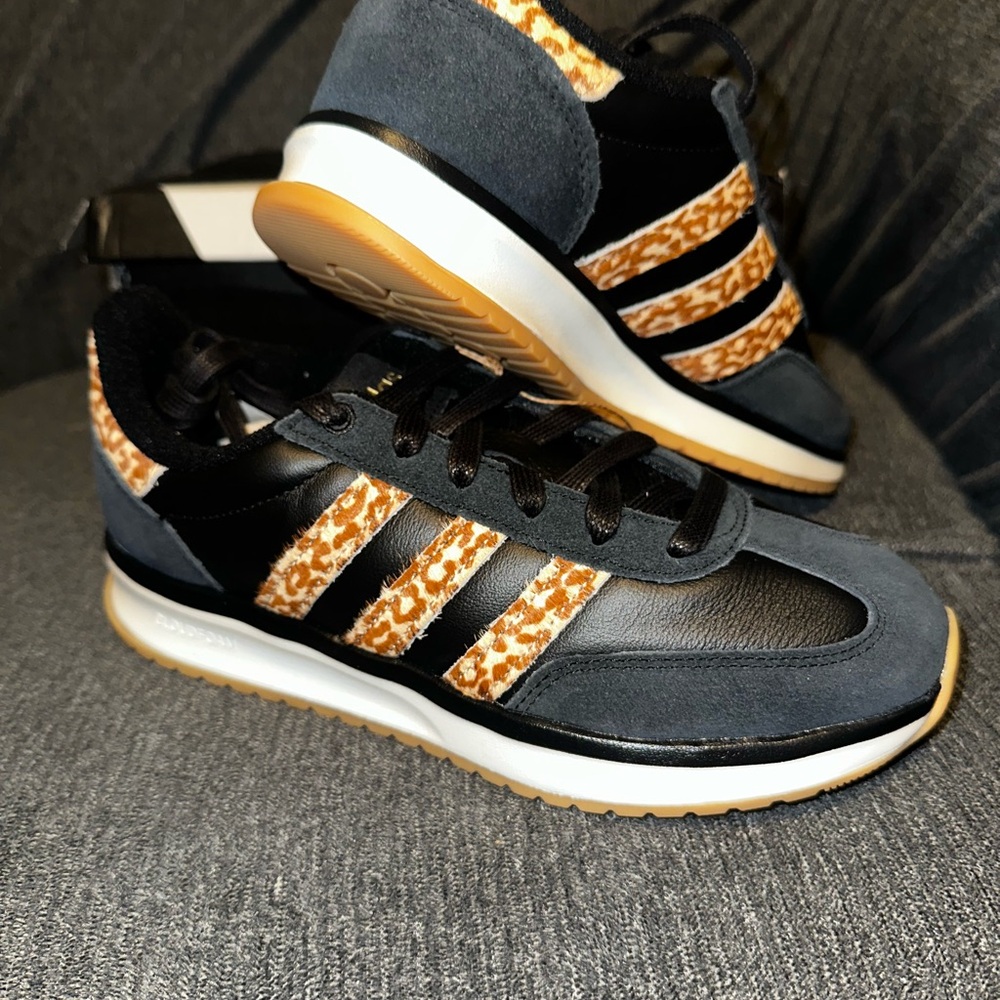 adidas Black Sneakers with Yellow Gum Soles and Leopard Stripes
